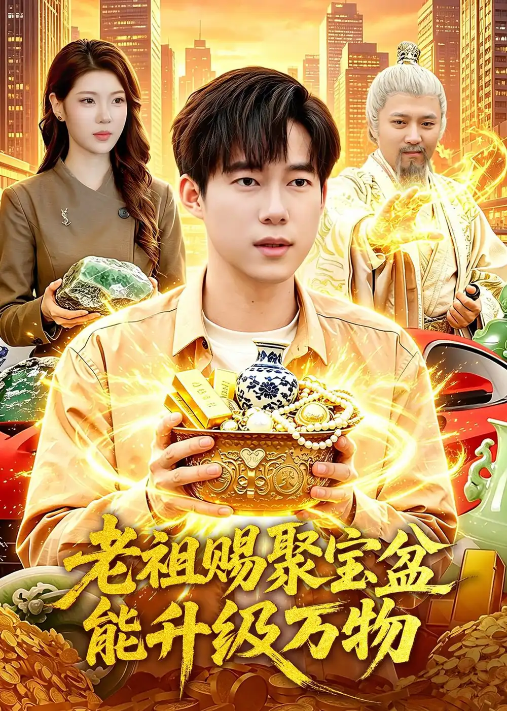 短剧《老祖赐聚宝盆能升级万物(90集)王大钱&陈希》海报
