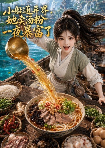 短剧《小船通异界，她卖汤粉一夜暴富了（62集）AI短剧 (2026)》海报